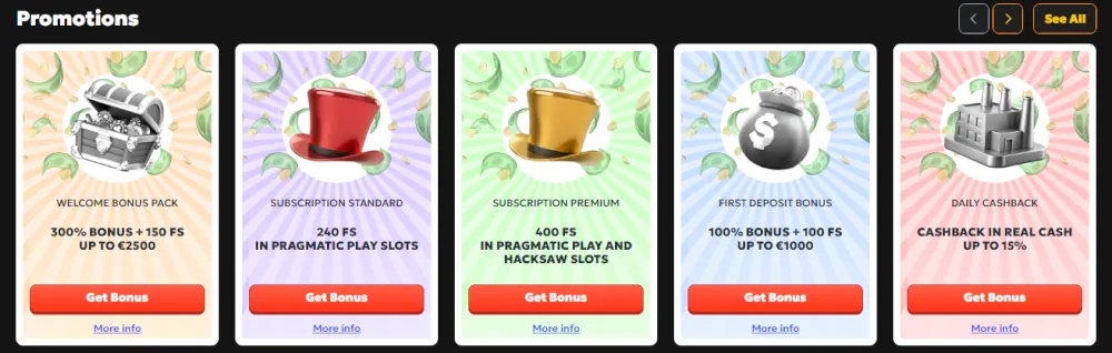 MegaRich promotions grid featuring welcome packs and deposit bonuses